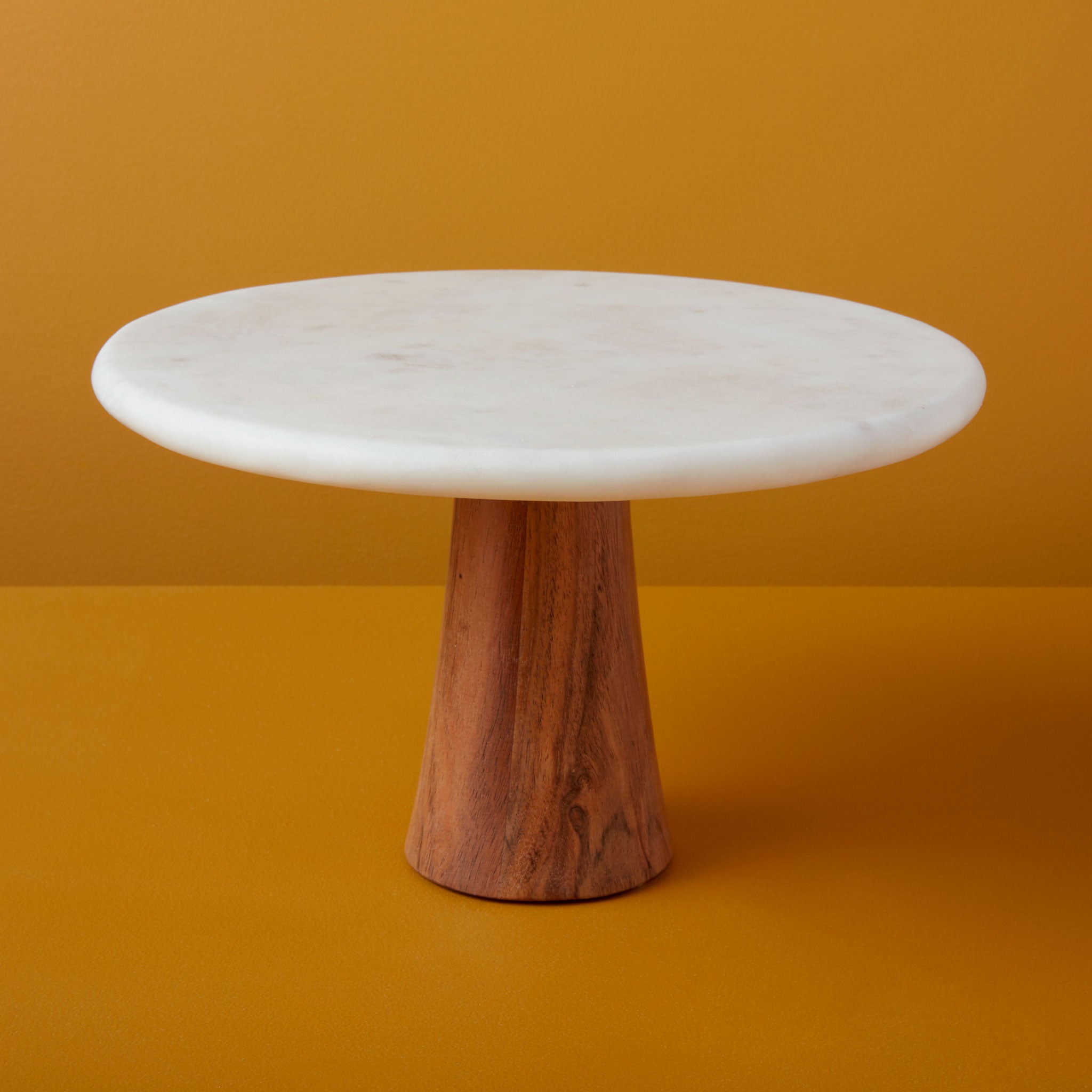 White marble & wood cake stand