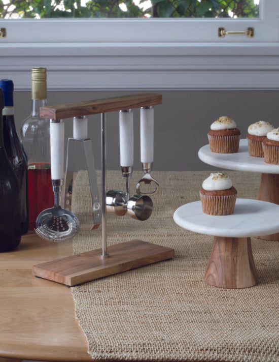 White marble & wood cake stand